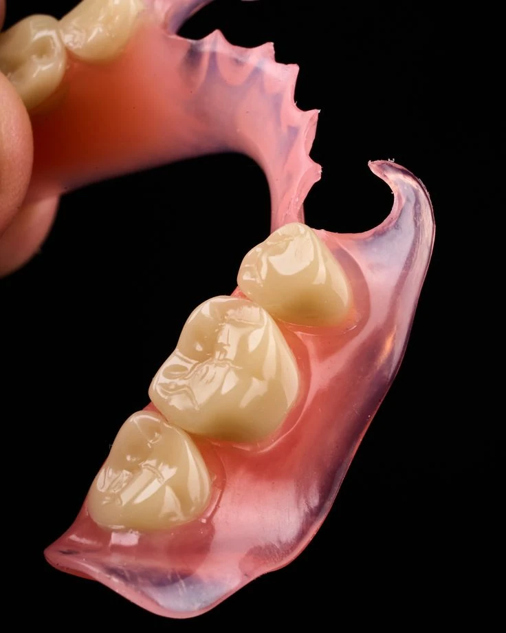 Dentier partiel Valplast, rose et translucide, avec des crochets de la même matière souple, tenu entre deux doigts