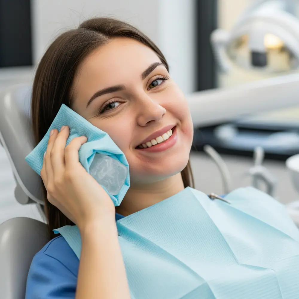 Patiente souriante appliquant une poche de froid après un traitement endodontique au Centre Dentaire Kandil à Mohammedia.
