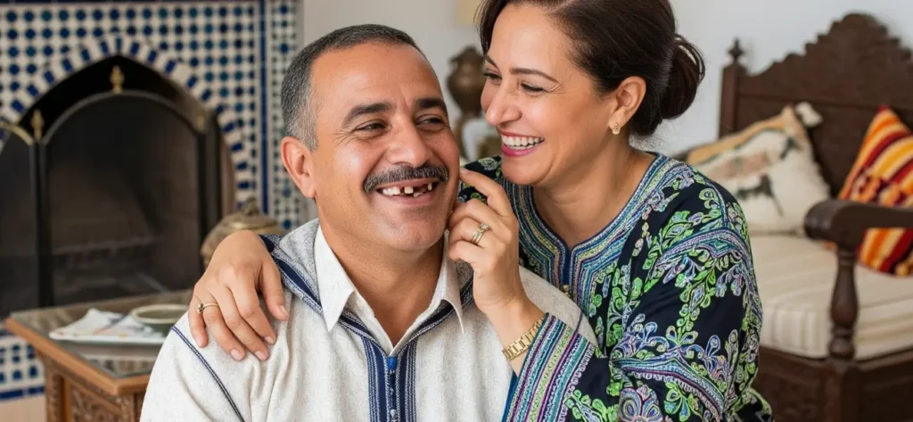Couple marocain souriant, l’homme présentant plusieurs dents manquantes, illustrant les solutions d’implants dentaires proposées au Centre Dentaire Kandil à Mohammedia.