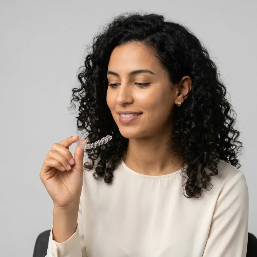 Patiente tenant une gouttière dentaire transparente au cabinet dentaire Kandil à Mohammedia