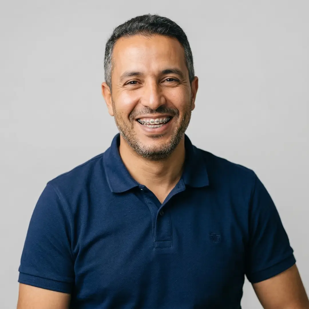 Homme adulte souriant avec bagues orthodontiques au Centre Dentaire Kandil à Mohammedia