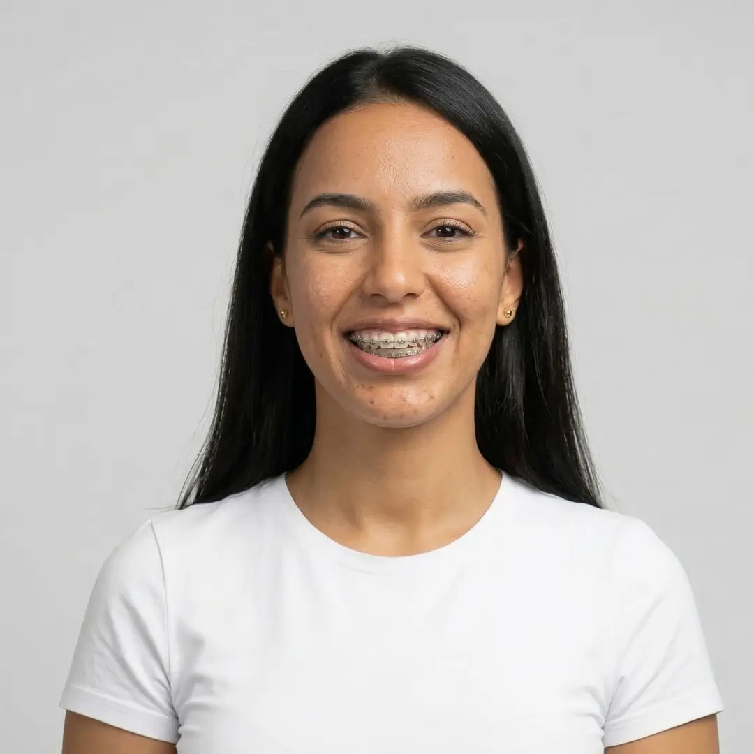 Jeune femme souriante avec bagues métalliques orthodontiques au Centre Dentaire Kandil à Mohammedia